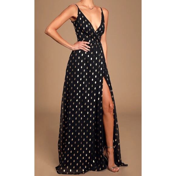 NWT Lulus XL Galaxy Lights Black and Gold Polka Dot Sleeveless Maxi Dress - Picture 8 of 14